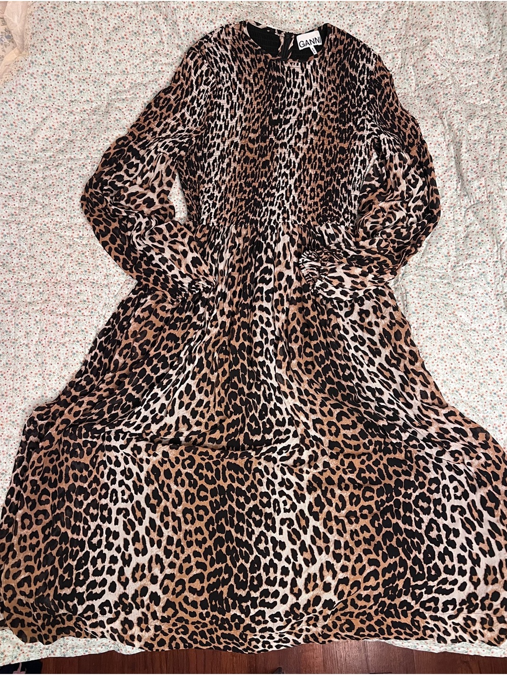 Ganni Black and Brown Textured Leopard Print Crepe Dress